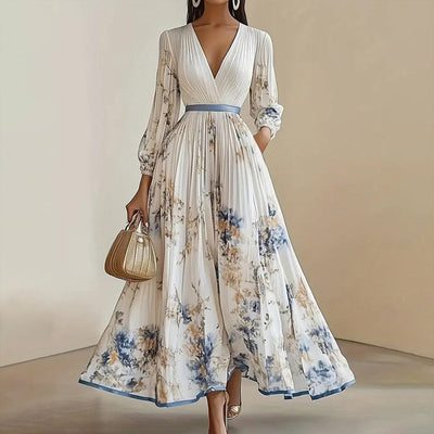 Women's Floral Print V-Neck Long Sleeve Maxi Dress A-Line Flowy Ruffled For Spring&Summer Vacation & Evening Party sandrabazar..