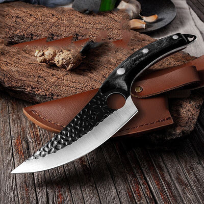 Slaughter cutting meat boning small scimitar knife with hammered high carbon steel blade and leather sheath