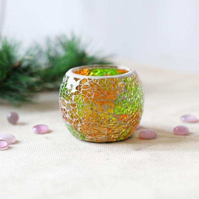 Mosaic glass candle holder with colorful design, ideal for weddings and home decor.