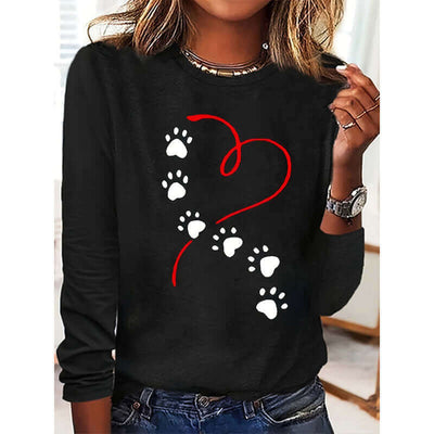 Women's Heart & Dog Paw Print T-shirt, Cute Crew Neck Long Sleeve Top For Spring & Fall sandrabazar..