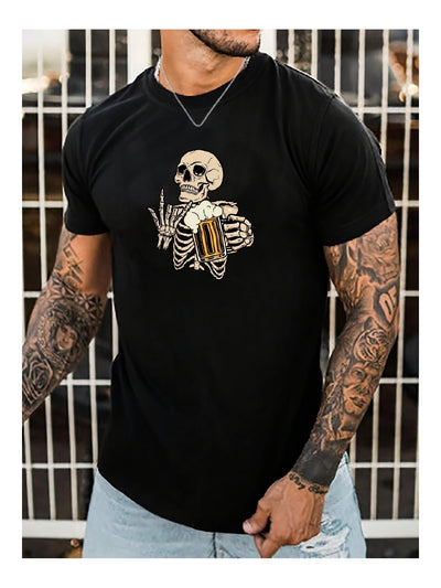 Black short sleeve t-shirt featuring a skull beer pattern design worn by a tattooed man