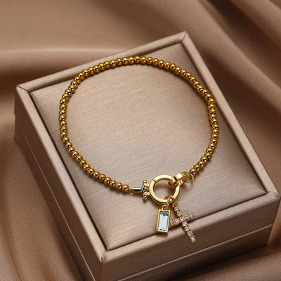 18K Gold Moon Stone Love Knot Bracelet with English Letter Charms for Women