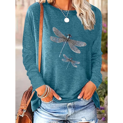 Women's Dragonfly Print Crew Neck T-Shirt, Casual Long Sleeve Top For Spring & Fall sandrabazar..