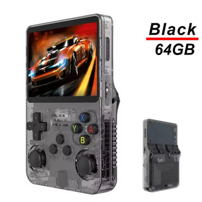 Black transparent handheld game console with 3.5-inch IPS screen, dual joysticks, and 64GB storage.