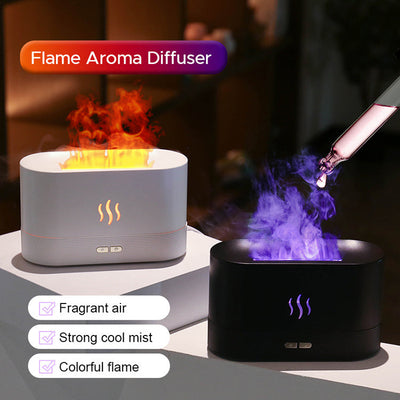 USB ultrasonic flame humidifier and aroma diffuser with colorful flame light and mist vapor