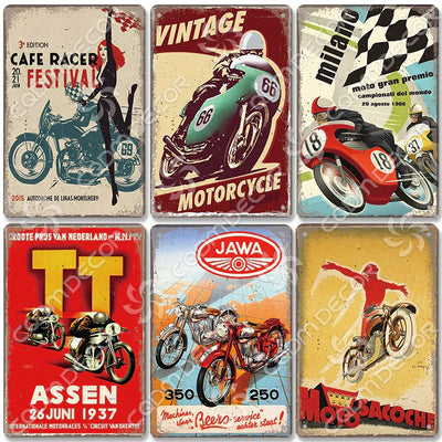 Set of six vintage motorcycle poster metal signs featuring retro racing designs and classic motorbikes in nostalgic style for garage or home decor