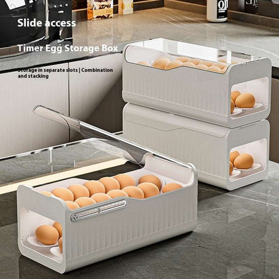 Food grade plastic slide storage box for eggs, drop-resistant kitchen egg holder with separate slots and stackable design.
