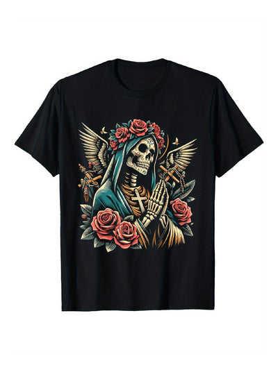Black t-shirt featuring a gothic skeletal figure with roses and wings graphic design, fashion all in trendy style.