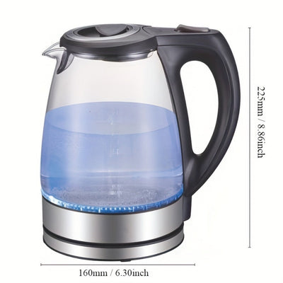 Black electric kettle with 1.7L glass body, stainless steel filter, inner lid, and 1200W power, shown with water inside and dimensions 225mm height and 160mm width.
