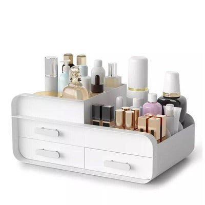 White makeup cosmetic dressing table organizer with multiple compartments and three drawers for storing skincare and beauty products