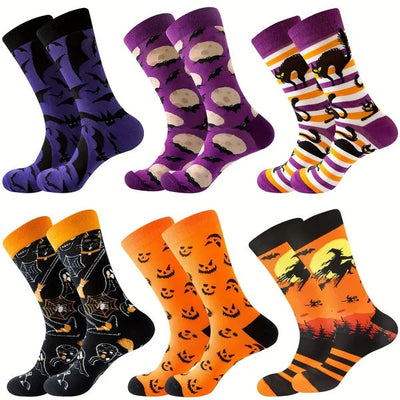 6 pairs of Halloween Christmas socks with pumpkin, spider, black cat, and bat designs for men, women, and girls in cotton material
