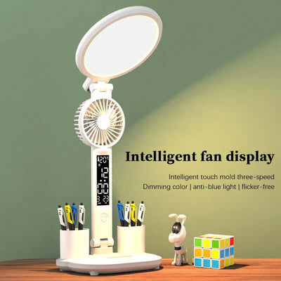 LED Clock Table Lamp USB Chargeable Dimmable Desk Lamp Plug-in LED Fan Light Foldable Eye Protection Reading Night Light sandrabazar.